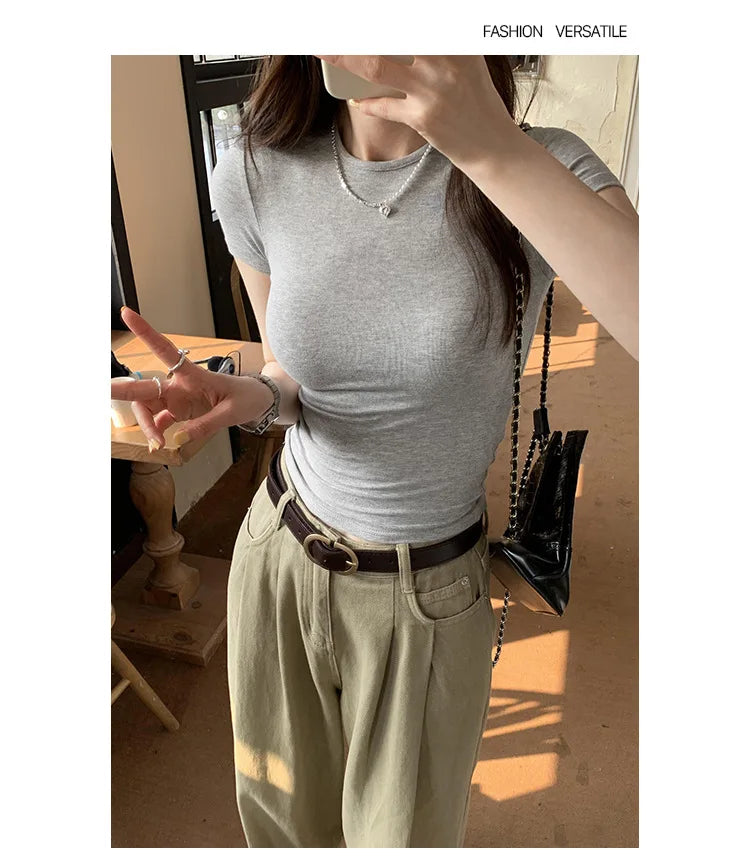 Crop Top Basique Uni Femme – Manches Courtes Col Rond Ajusté | Style Y2K Vintage Harajuku Streetwear