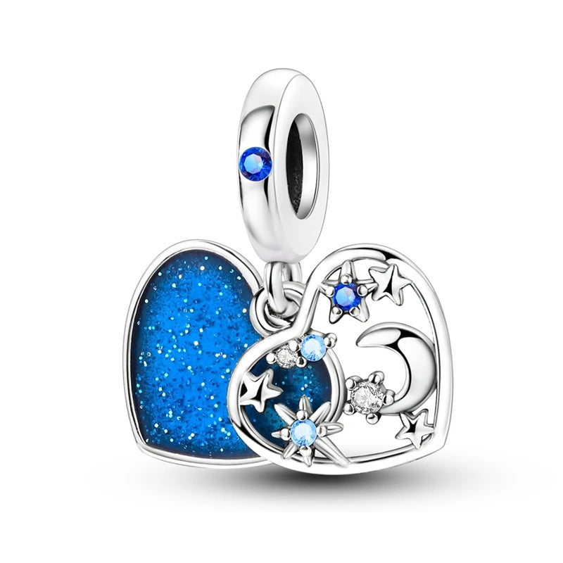 Charm Argent 925 Bleu Rotatif – Œil Démon, Main, Lune & Ciel Étoilé | Perle Pendentif Bracelet Femme | Bijou Spirituel & Mystique