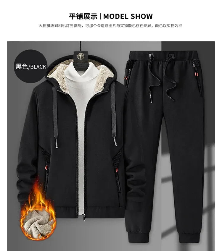 Ensemble Homme Cashmere Tracksuit Hiver – Veste + Pantalon Polaire Épaisse Capuche Chaud