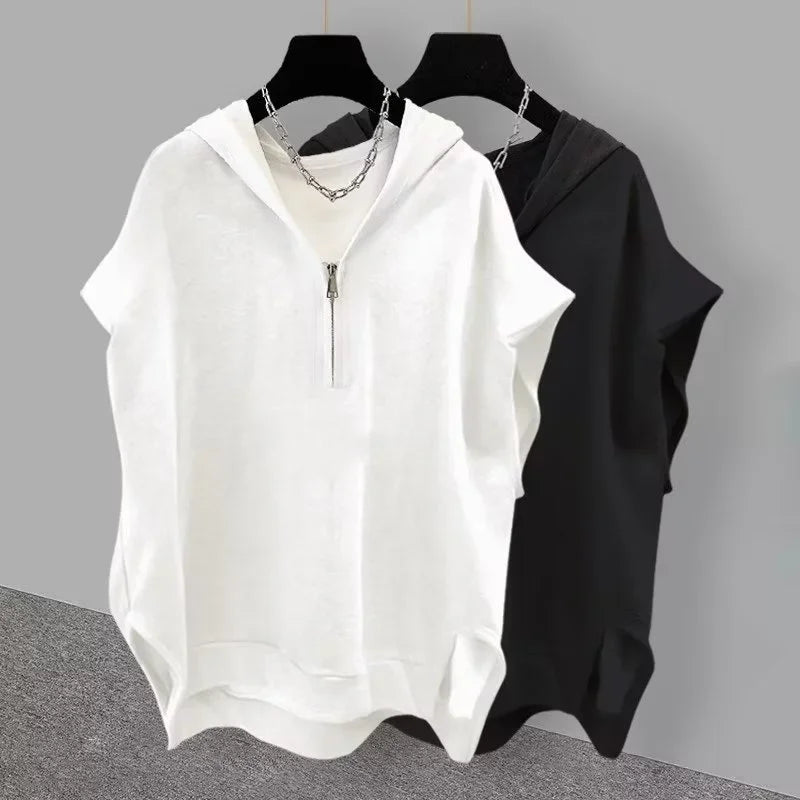 Débardeur Homme Zippé À Capuche Sans Manches Korean Fashion Y2K Streetwear Casual Hip Hop Été Tendance Confortable – Vest Zippé Premium Urban | Mode Homme Streetwear Premium