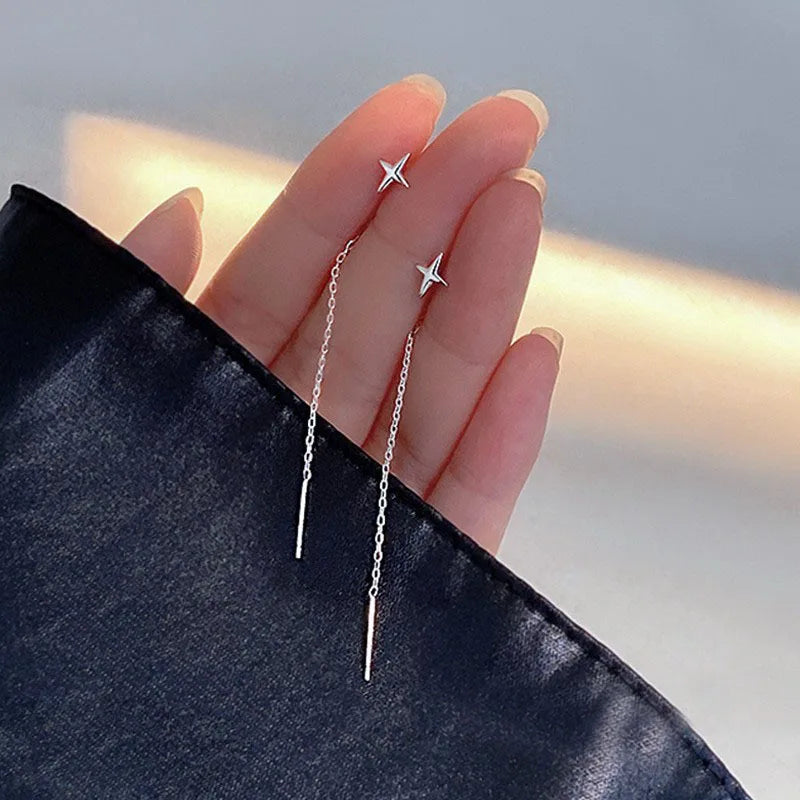 Boucles d'Oreilles Pendantes Longues Chaîne Étoile Argenté – Aiguille Droite Piercing | Style Minimaliste Tendance | Bijou Femme Mode & Soirée