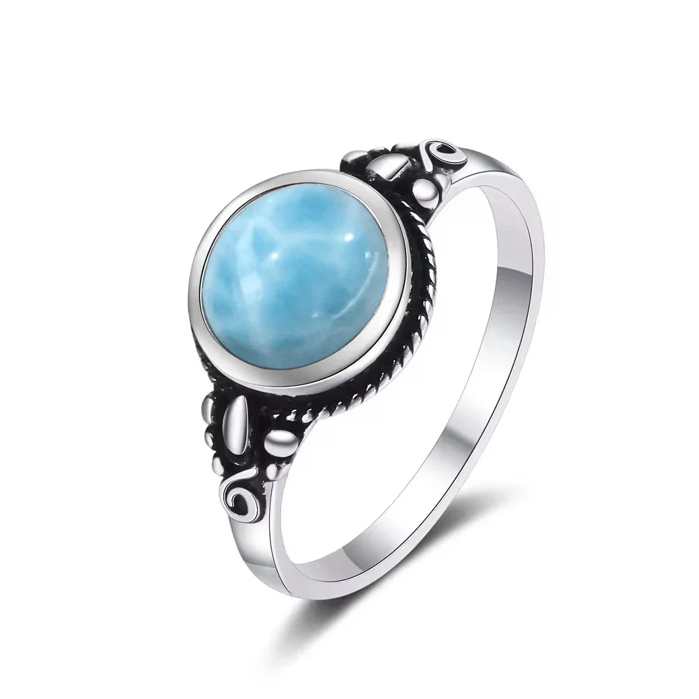 Bague Argent 925 Pierre Larimar Naturelle Vintage – Forme Fleur Ronde Bleu Ciel & Eau de Mer | Bijou Fin Unisexe Pierre Rare des Caraïbes & Cadeau Premium