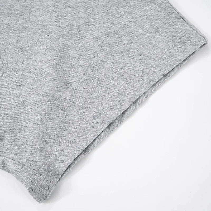 T-Shirt Crop Top Femme Gris Col Rond Style Corset – Casual Solid Streetwear | Printemps Été