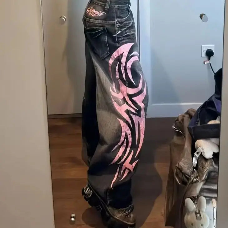 Jean Large Y2K Vintage Imprimé Totem Taille Haute - Baggy Harajuku Hip-hop Streetwear Femme