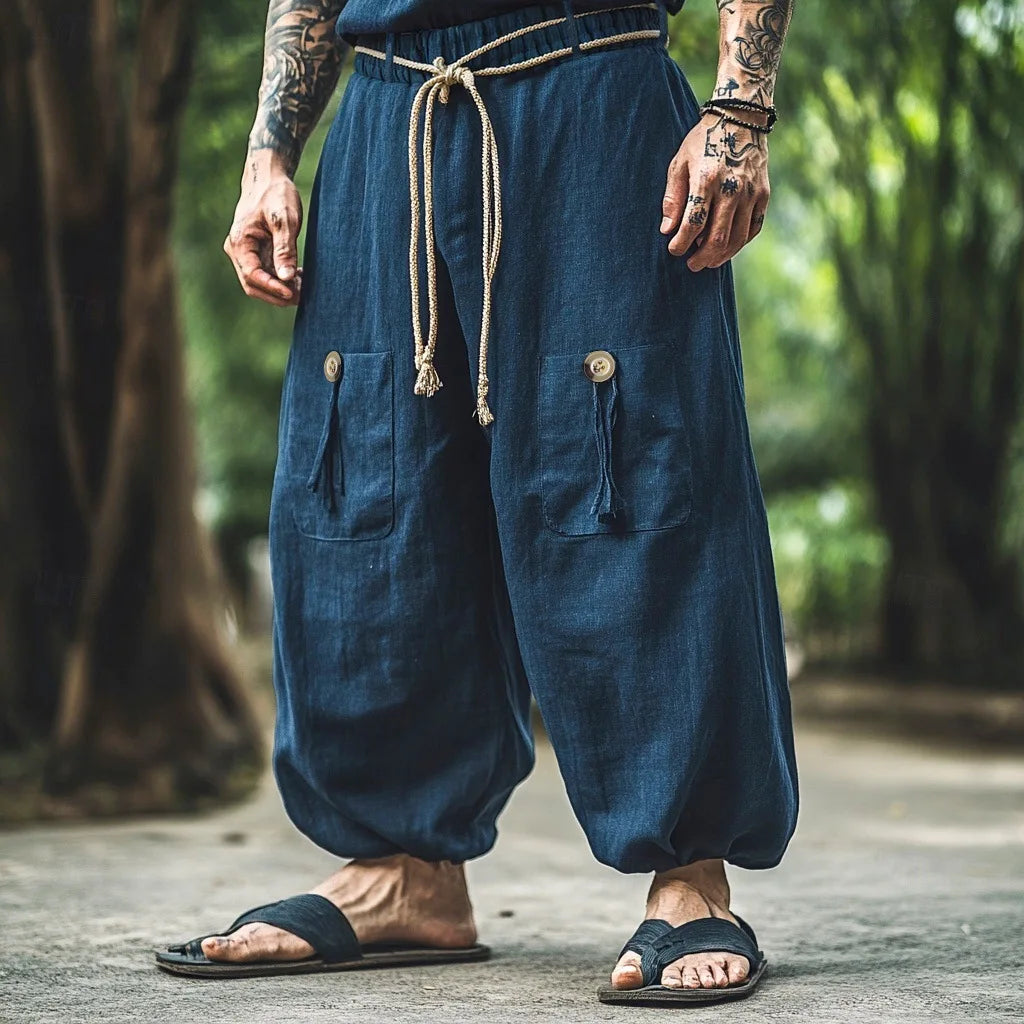 Pantalon Homme Lin Coton Large Ethnique Casual Couleur Unie Lacets Baggy Vintage Streetwear Printemps Été Confortable Léger – Pantalon Boho Premium Jambe Large | Mode Homme Casual Premium
