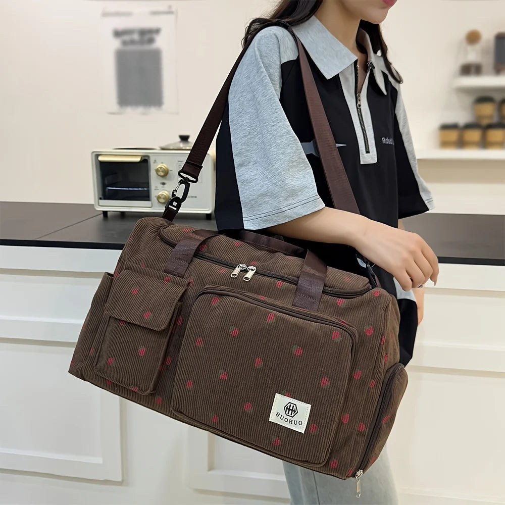 Sac de Voyage Fraise Velours Côtelé – Grande Capacité Bandoulière Léger Sport Fitness Bagage