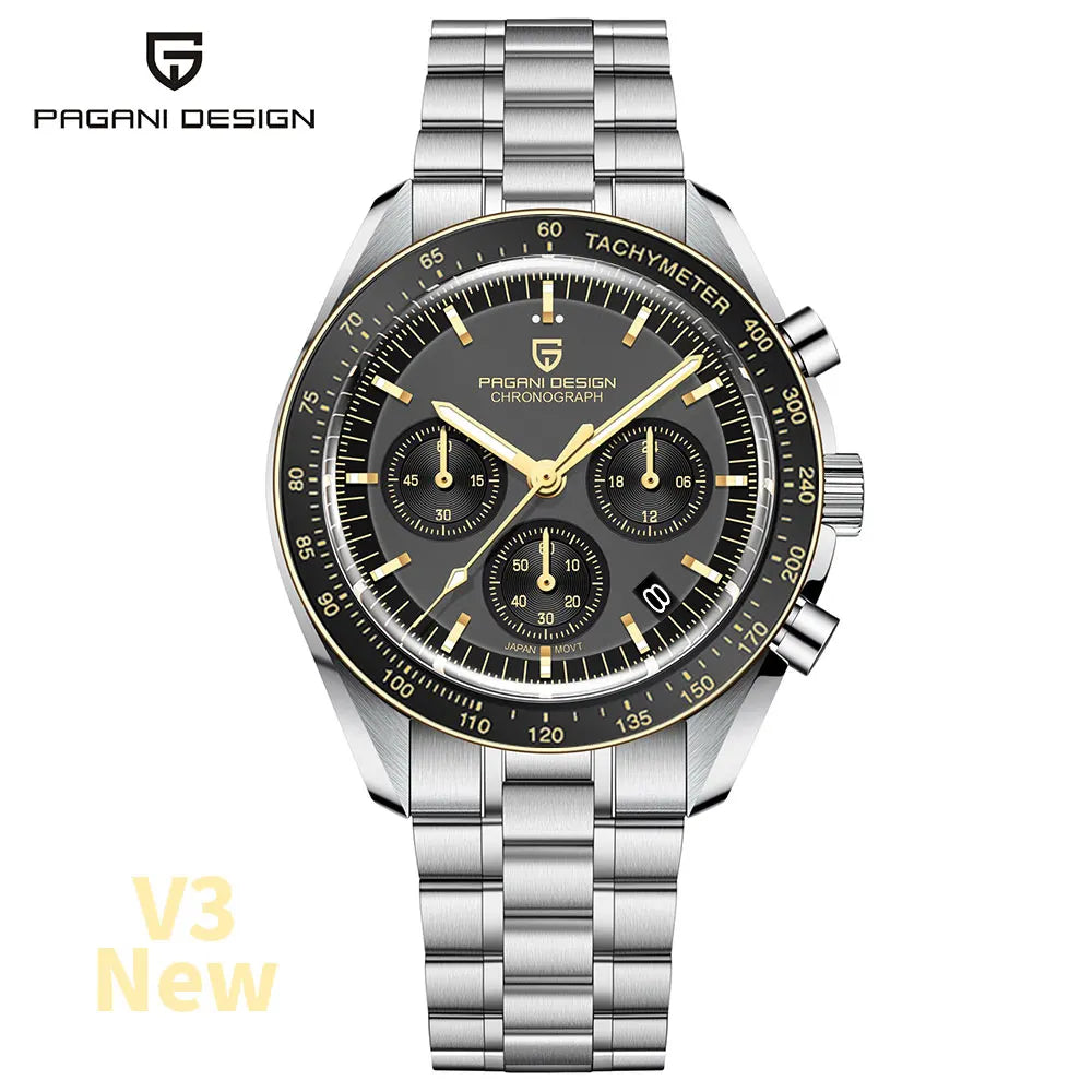 Montre Homme PAGANI DESIGN 2025 Lune Or Argent Quartz – Chronographe Saphir AR Date Auto