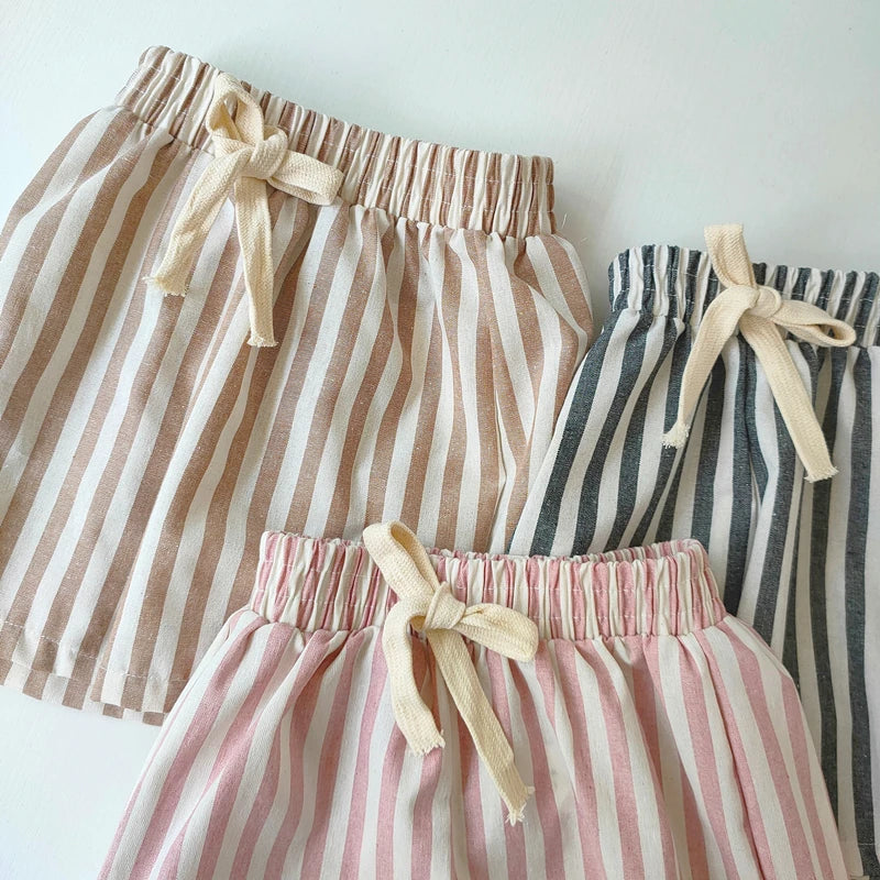 Short Lin Coton Enfant Rayures – Pantalon Court Casual Vintage Ample Garçon Fille Été