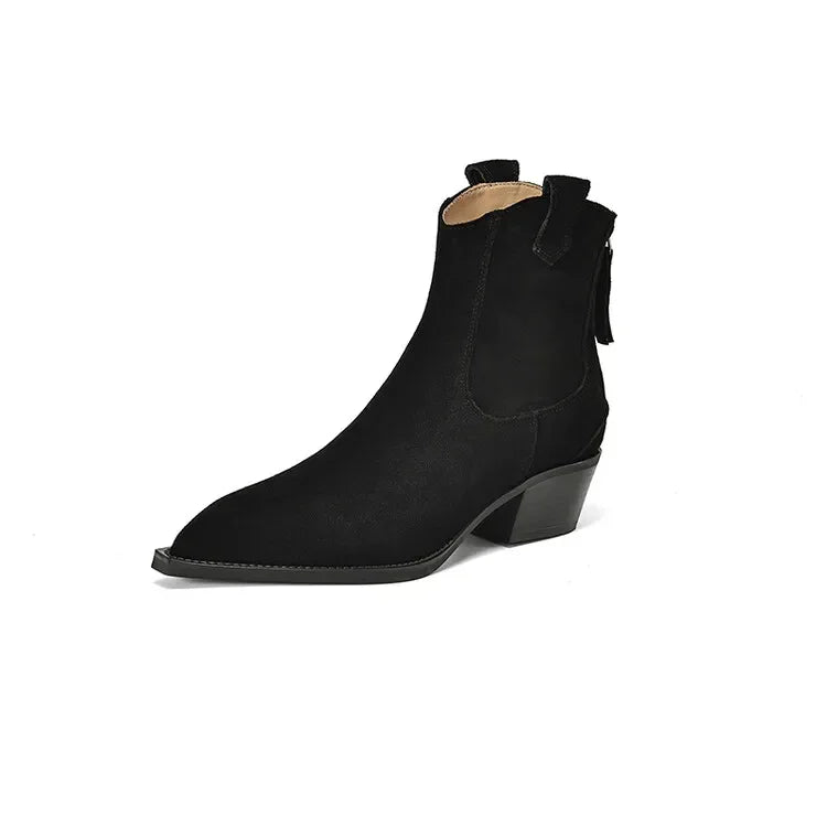Bottes Suède Vache Chunky Heel Western Femme – Bout Pointu Noir Zip Concis Automne