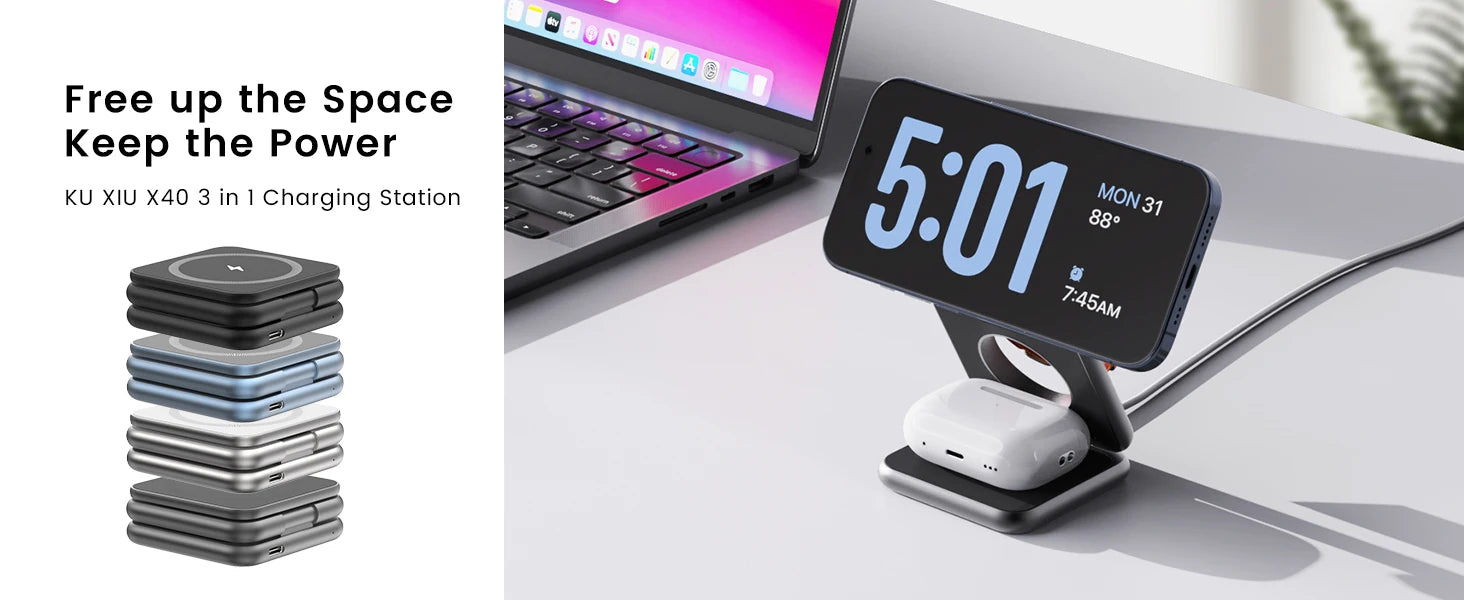 KUXIU X40 Chargeur 3-en-1 Pliable Magnétique – iPhone 17-13 AirPods 4-2 iWatch Charge Rapide