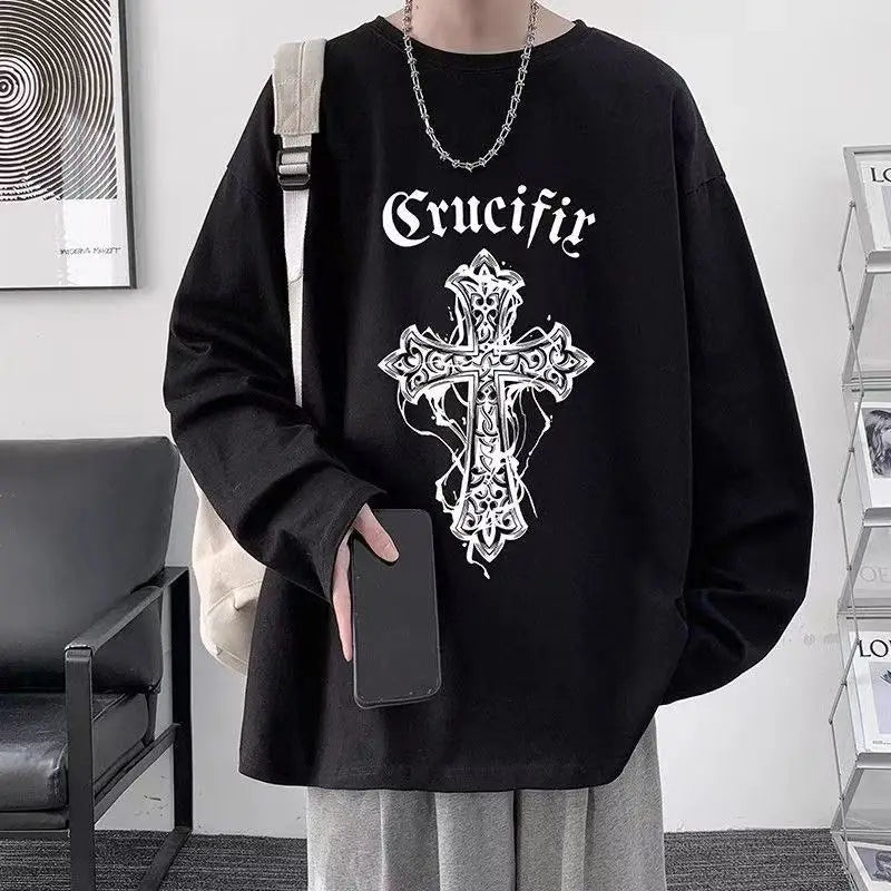 T-Shirt Homme Oversize Manches Longues Croix d'Épines Dark Hip-Hop Y2K Gothic Streetwear Été Tendance – Tee Graphique Dark Aesthetic Unisexe | Mode Streetwear Premium