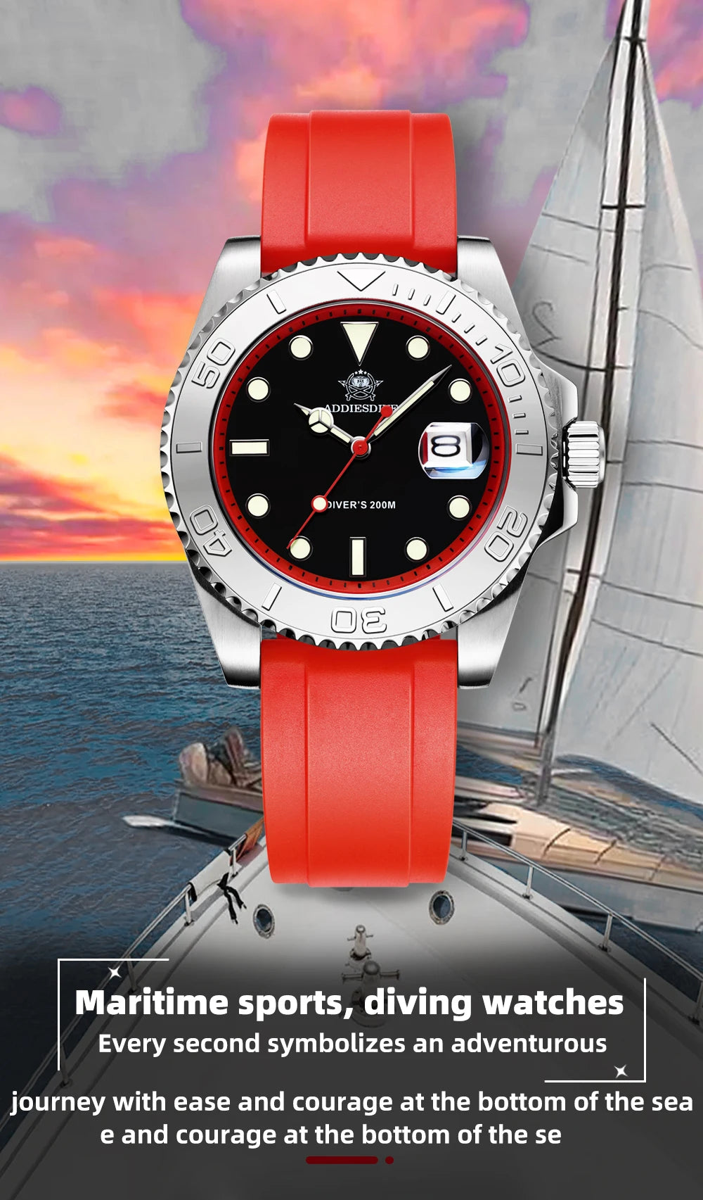 Montre Homme ADDIESDIVE AD2040 Quartz Plongée 41mm – Super Lumineuse 200M Caoutchouc Calendrier