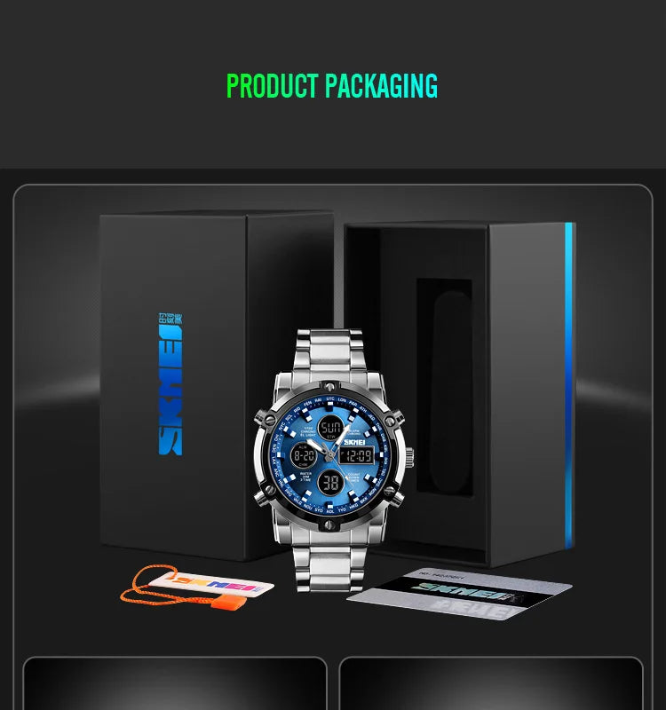 Montre Homme SKMEI Luxe Bracelet Acier 3 Fuseaux Horaires LED Sport Alarme Analogique Digitale Chronomètre | Montre SKMEI Multifonction Sport Luxe Premium