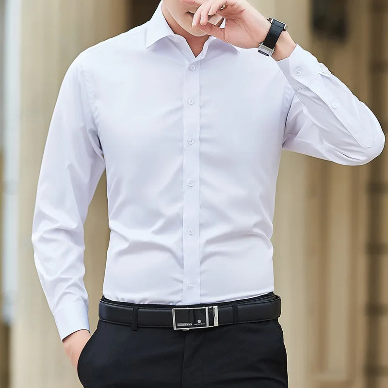 Chemise Homme Grande Taille Couleur Unie Business Slim Fit Manches Longues – Classique Casual Élégant Blanc | Mode Homme