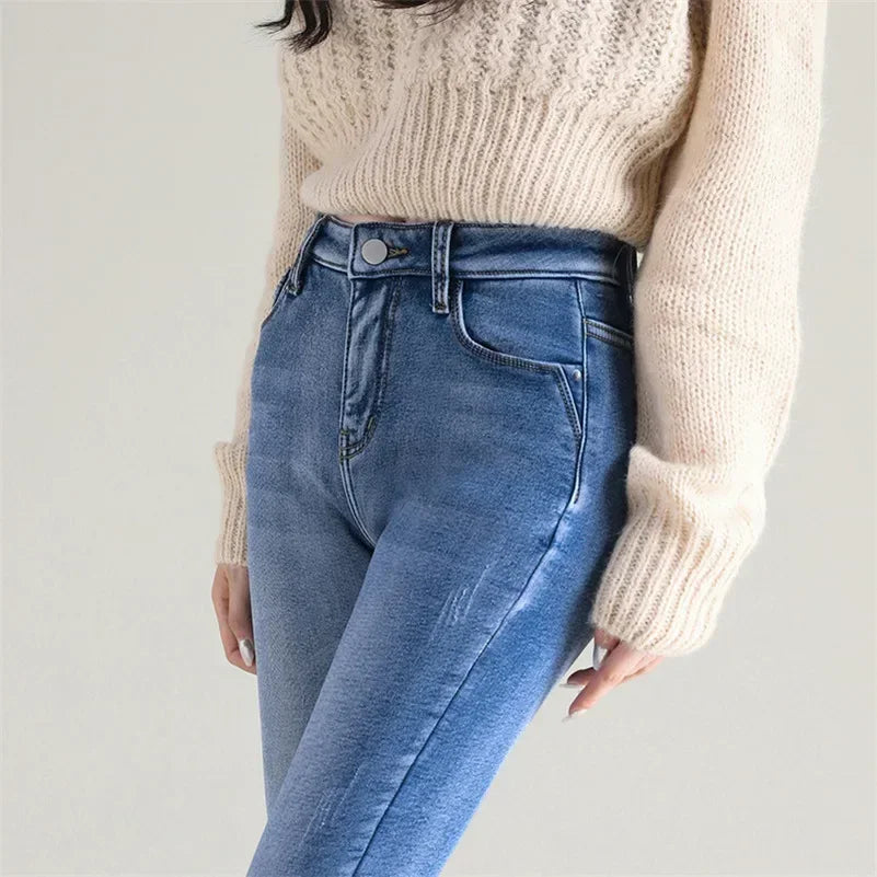 Jean Femme Thermique Skinny Taille Haute Chaud Polaire Stretch Denim – Pantalon Crayon Hiver Neige Confortable | Mode