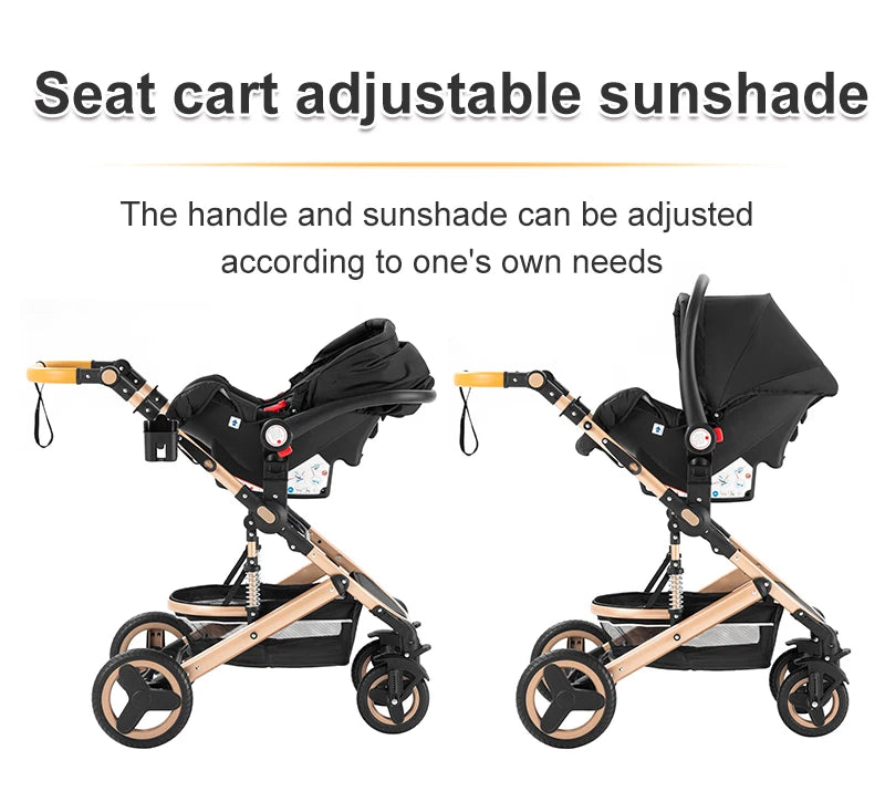 Poussette Bébé 3 en 1 Luxe Pliable Noire – Cadre Aluminium, Haute Vue, Nacelle & Siège | Voyage Nouveau-Né & Nourrisson