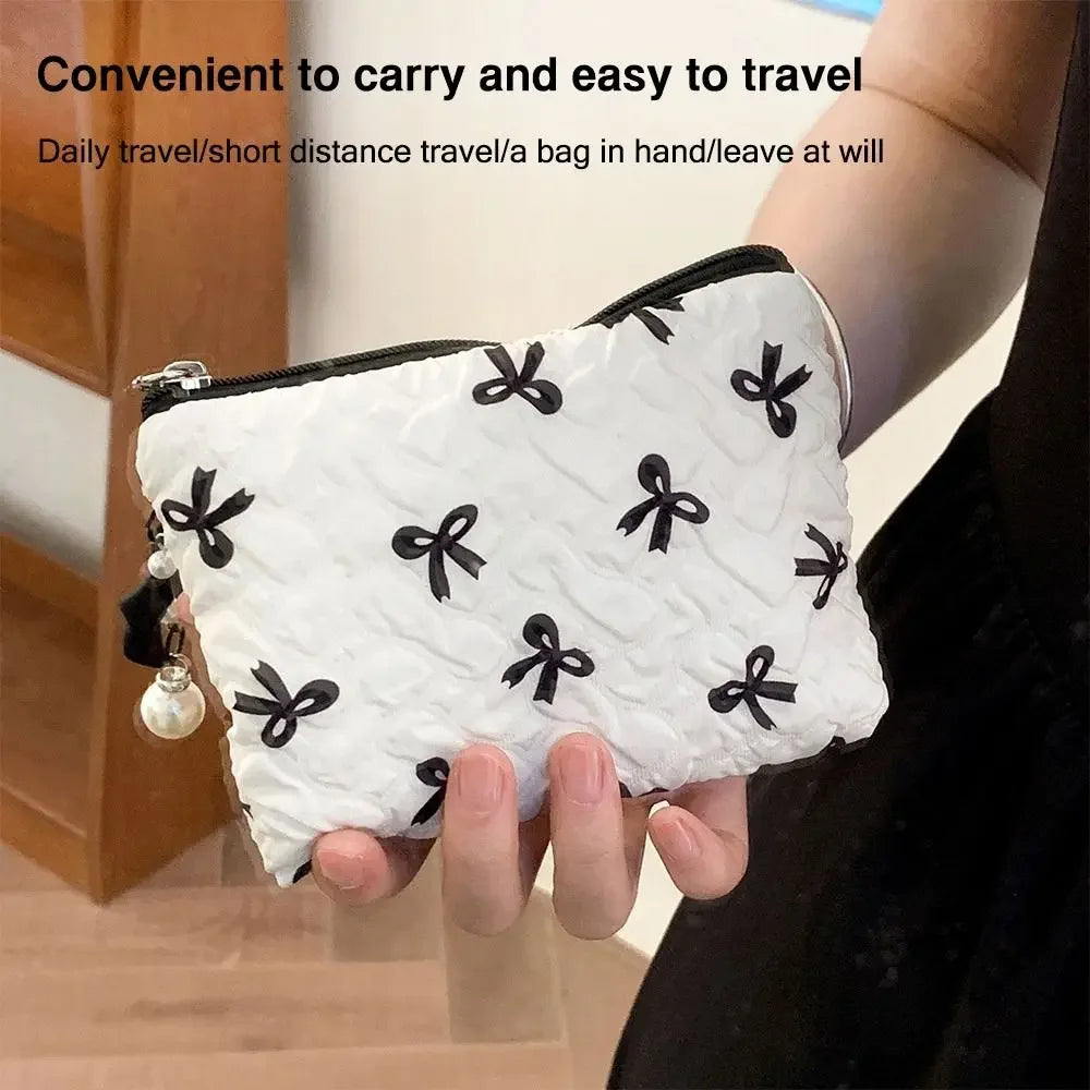 Trousse Cosmétique Nœud Plissé Coton Matelassé – Pochette Maquillage Voyage Filles | Organisateur Portable