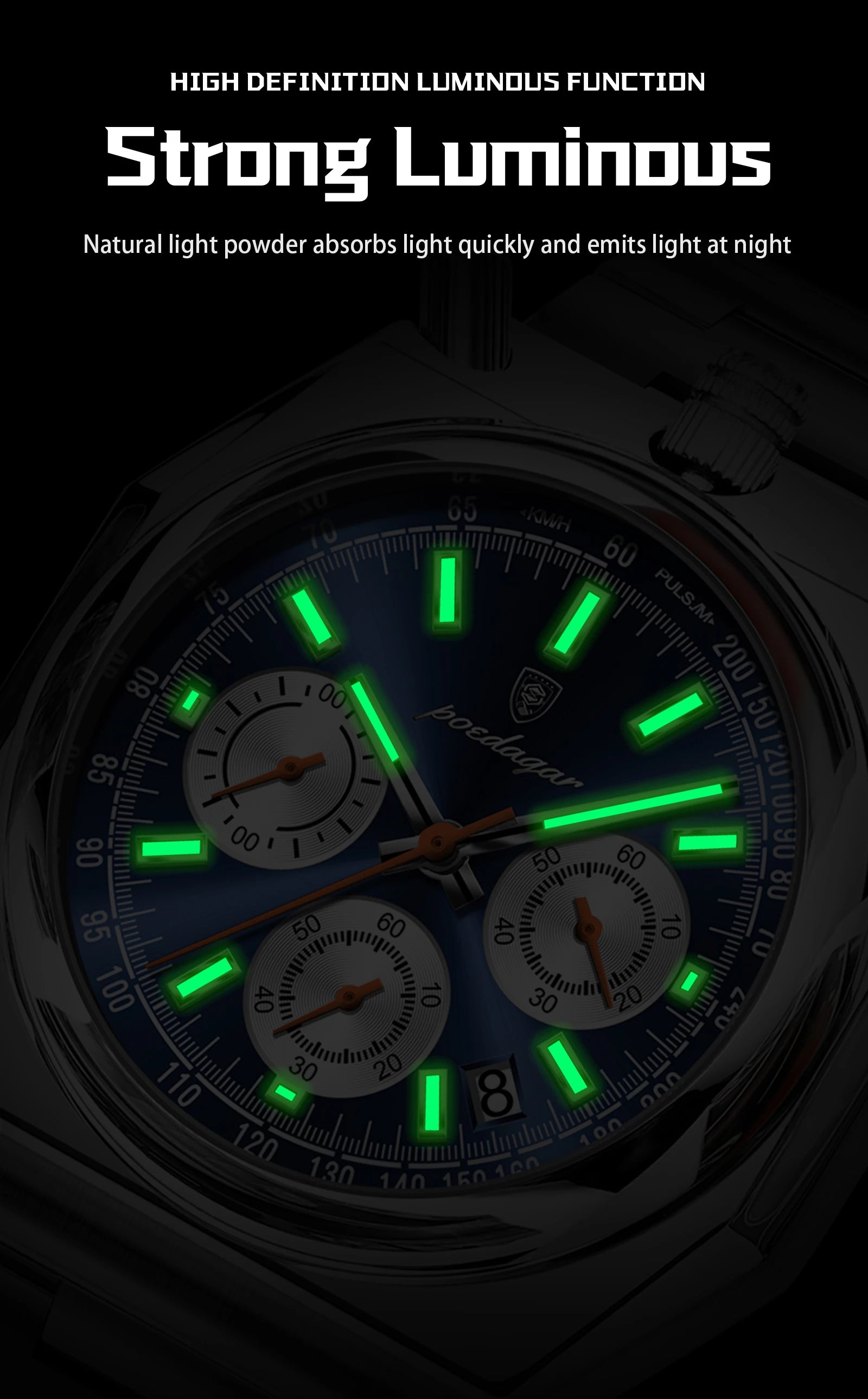 Montre Homme Luxe POEDAGAR Chronographe Militaire Acier Inoxydable Lumineux Étanche + Boîte