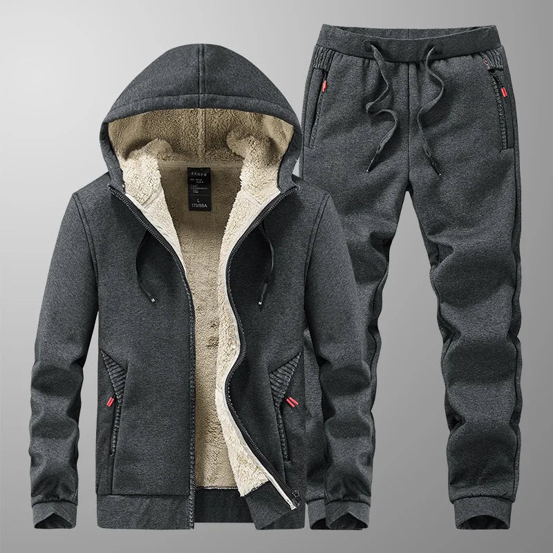 Ensemble Homme Cashmere Tracksuit Hiver – Veste + Pantalon Polaire Épaisse Capuche Chaud