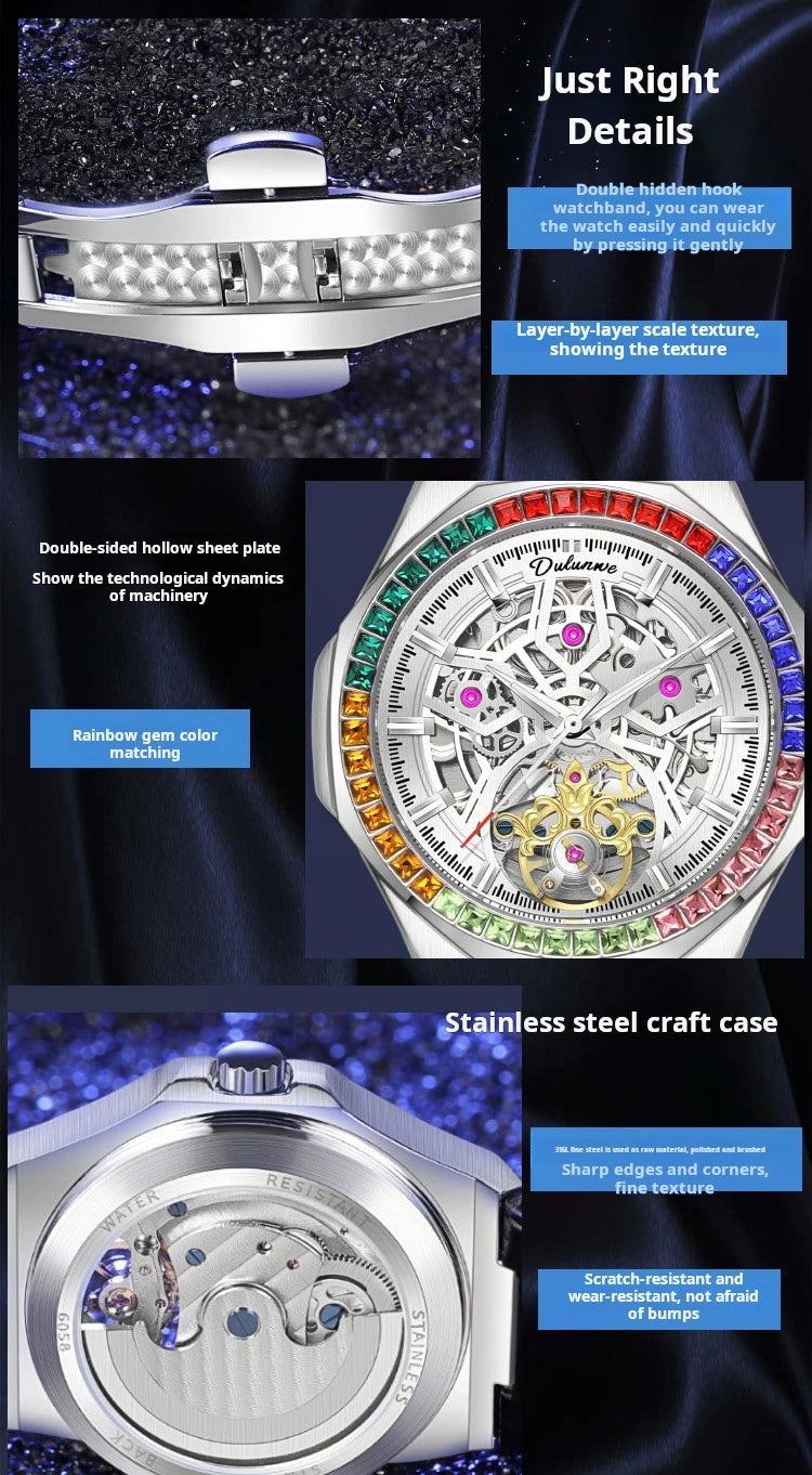 Montre Homme Tourbillon Automatique Mécanique – Lunette Gemmes Arc-en-Ciel Sport Business