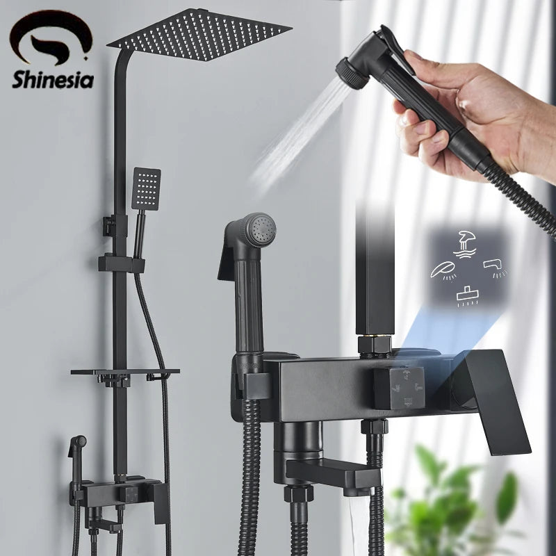 Shinesia Système Douche Pluie Mural – Noir & Chrome, 3 ou 4 Voies, Mitigeur Eau Chaude & Froide | Salle de Bain