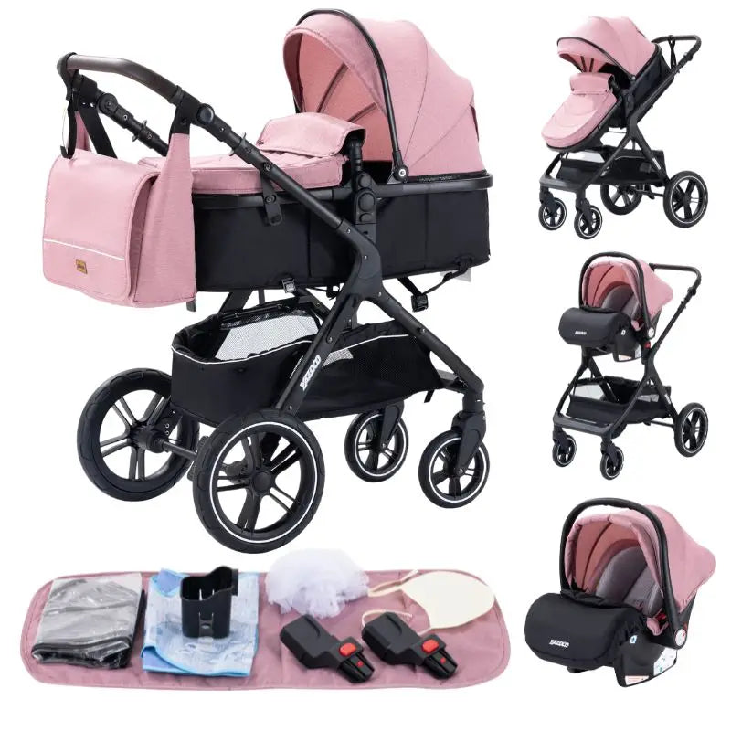 Poussette Bébé 3 en 1 Luxe Pliable Noire – Cadre Aluminium, Haute Vue, Nacelle & Siège | Voyage Nouveau-Né & Nourrisson