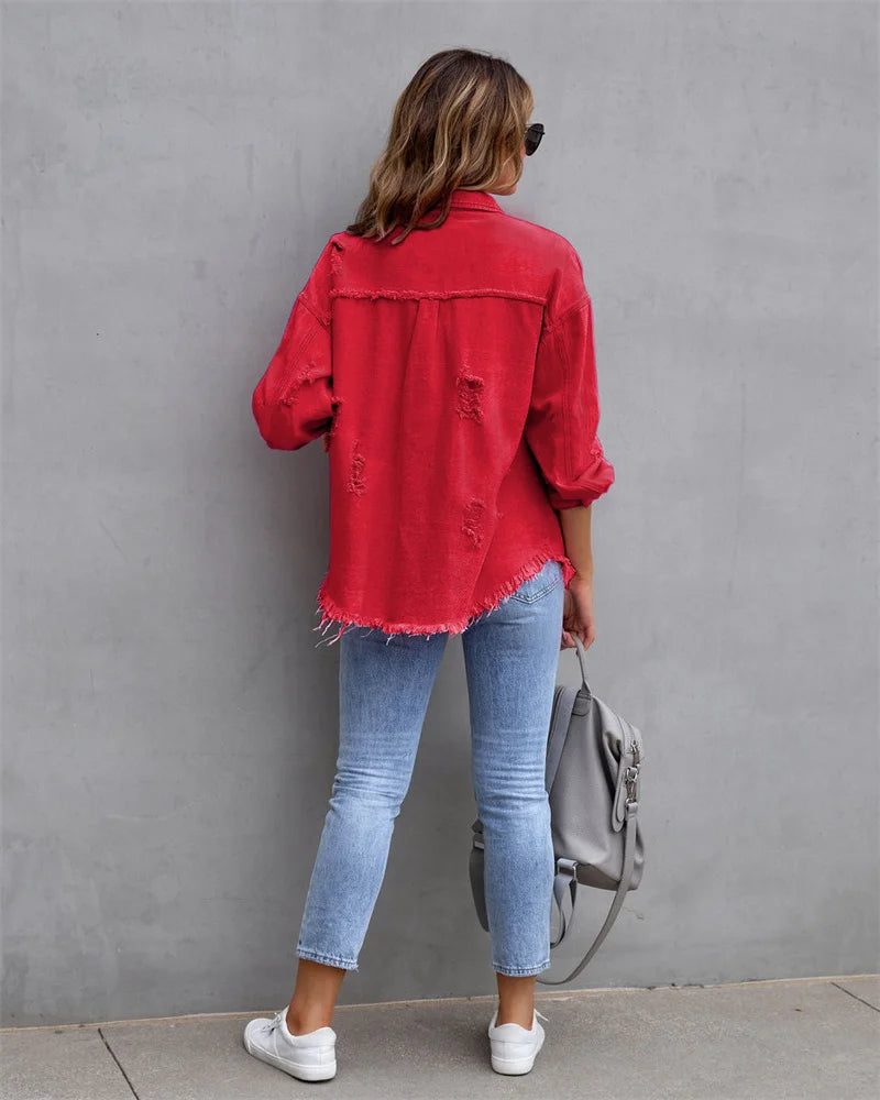 Veste en Jean Femme Bords Bruts Troués – Style Chemise Casual | Printemps Automne Tendance 2025