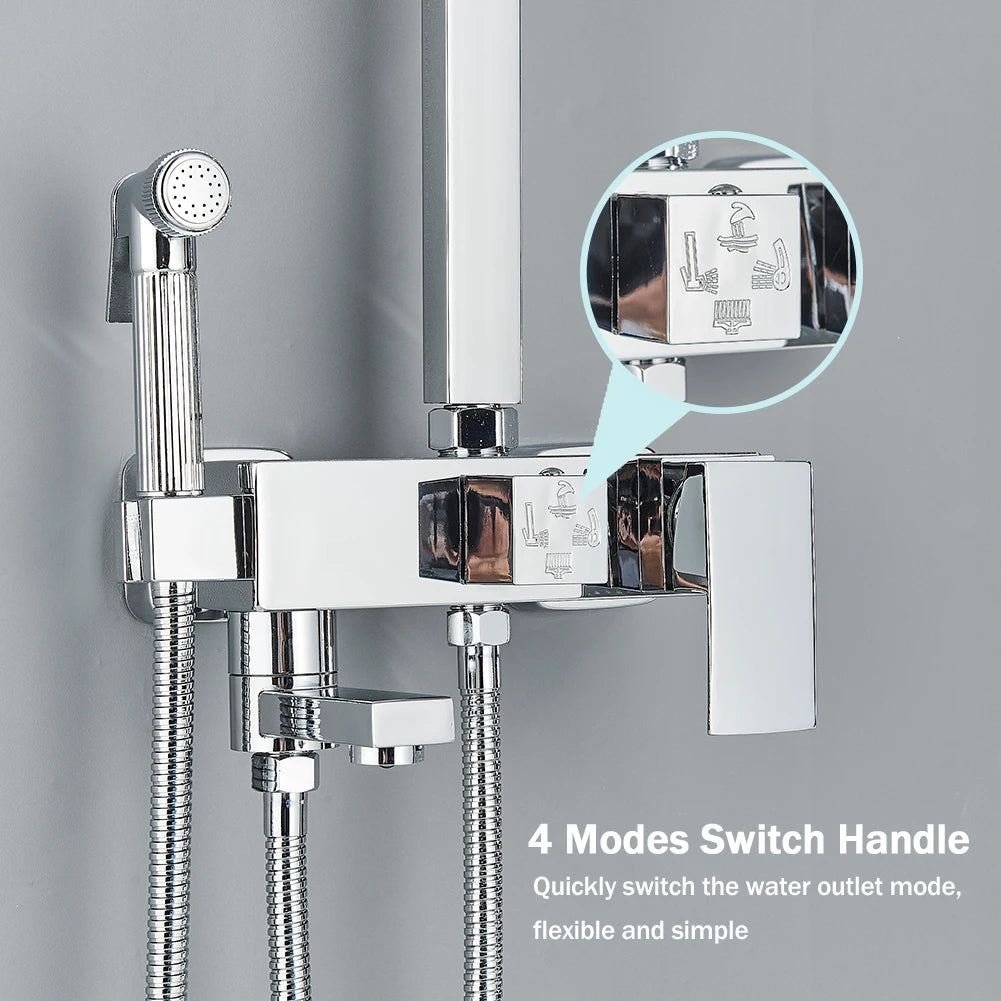 Rozin Ensemble Douche Pluie Mural Noir – Avec Bidet, Étagère & Bec Baignoire | Système Complet Laiton