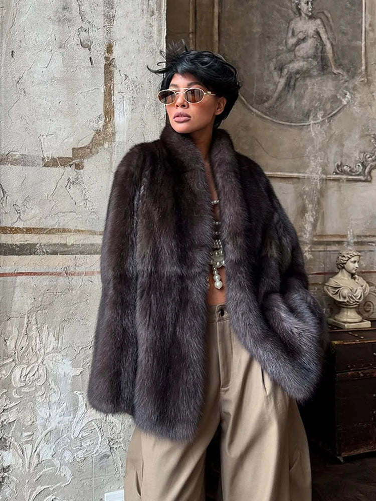 Manteau Femme Mi-Long Fausse Fourrure Col Revers Boutons Cachés Ample Élégant – Overcoat Bureau Chic | Hiver
