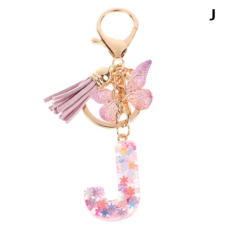 Porte-Clés Lettre Initiale Sequins Femme – Pendentif Papillon Pompon Sac Voiture Bijou