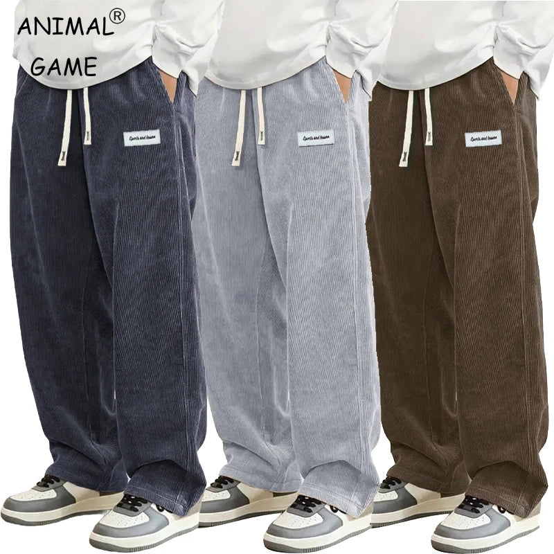 Pantalon Velours Côtelé Homme Loose Fit Coupe Droite Automne – Taille Élastique Cordon Outdoor Streetwear | Mode Homme