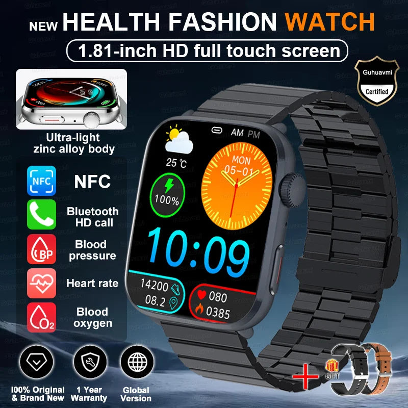 Smartwatch 2025 Unisex Gesundheit NFC Bluetooth – Blutdruck Sauerstoff Sport Anrufe | Herren & Damen