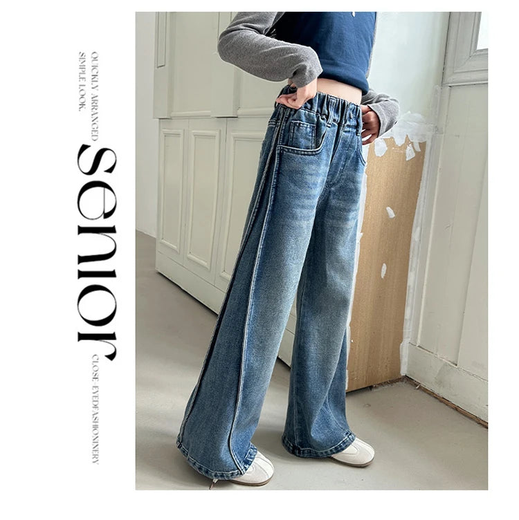 Jean Large Fille Taille Haute Bleu Foncé – Pantalon Denim Jambe Large Retroussable Enfant 4-14 Ans