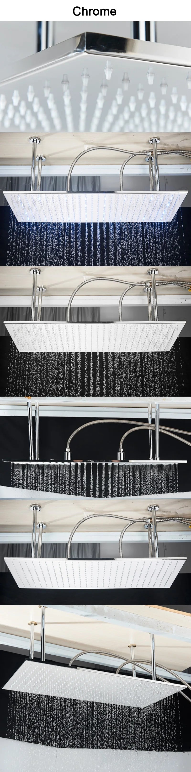 Shinesia Système Douche Pluie LED Plafond 40x80cm – Cascade & Pluie, Noir ou Or Brossé | Douche Luxe Salle de Bain