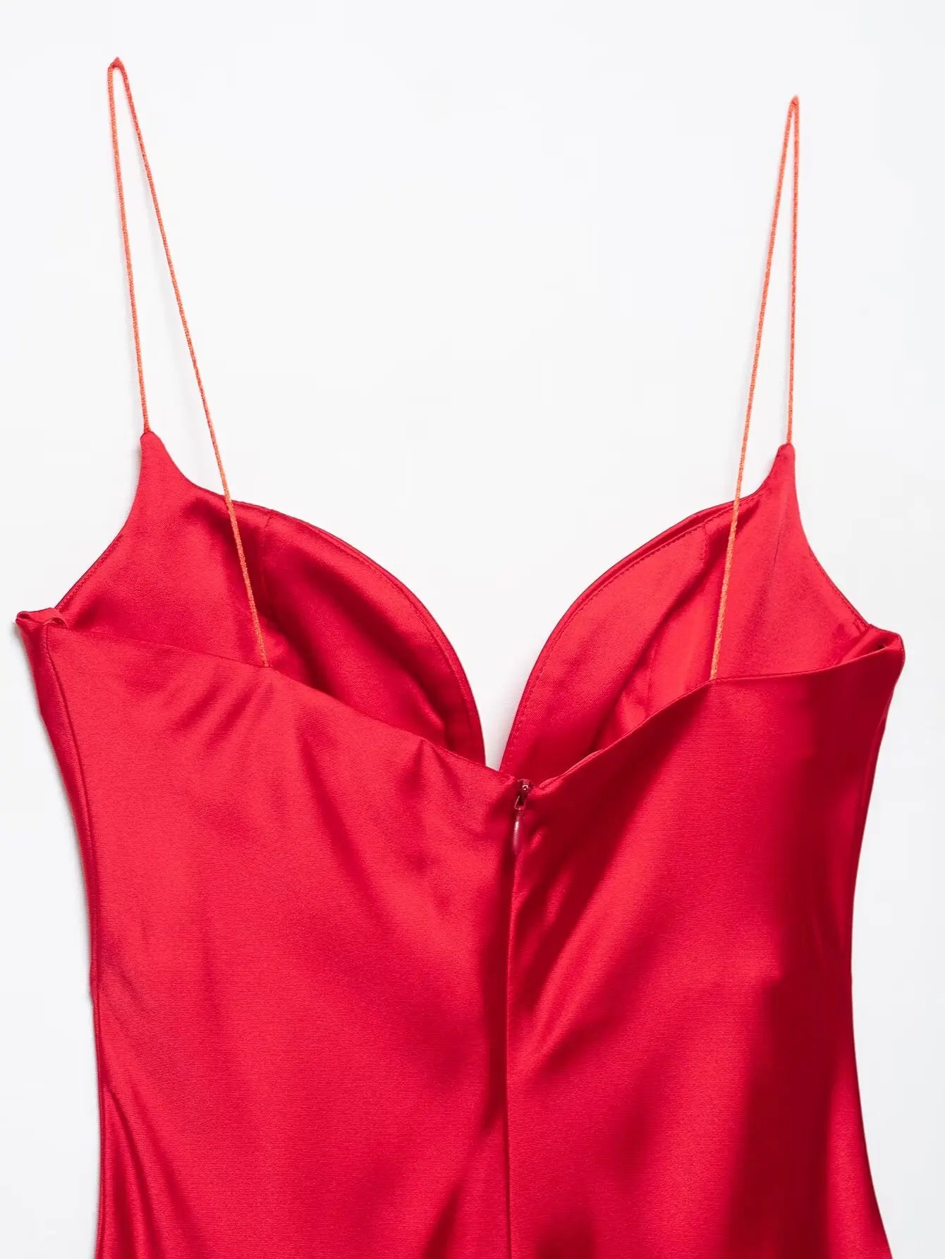 Robe Longue Femme Satin Rouge Col V Bretelles Sans Manches – Fermeture Dos Zip Élégante | HH Été 2025