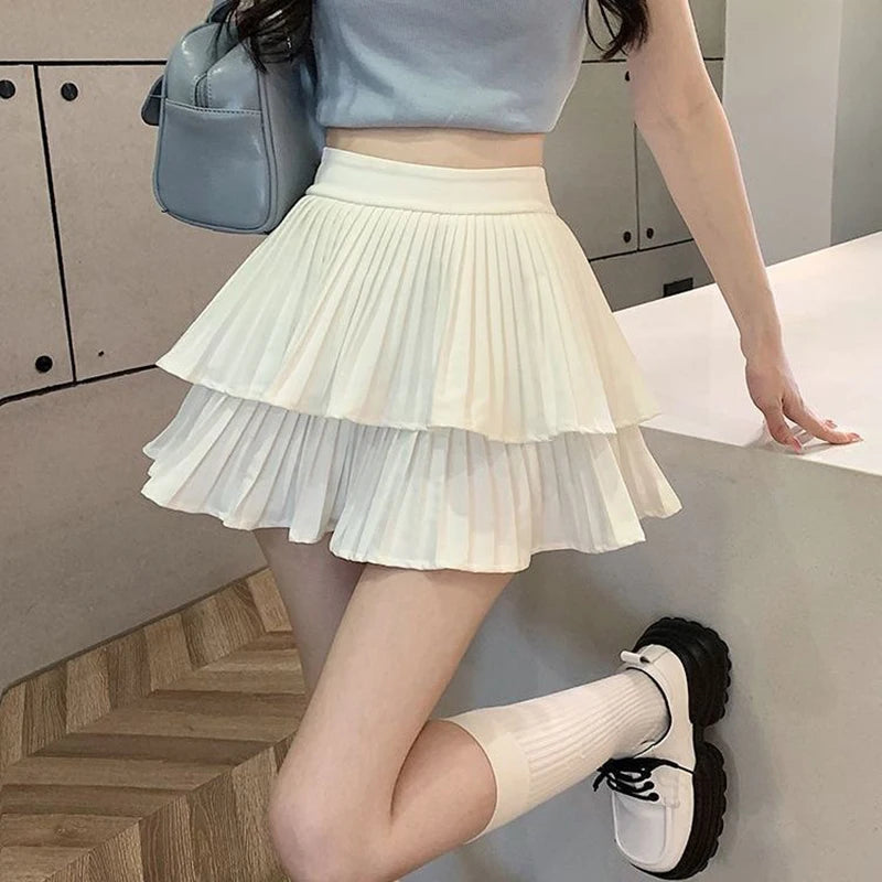 Mini Jupe Femme Balletcore Taille Haute Élastique Volantée Patchwork Lolita Style Coréen Kawaii Y2K – Jupe Courte Douce Sexy | Mode