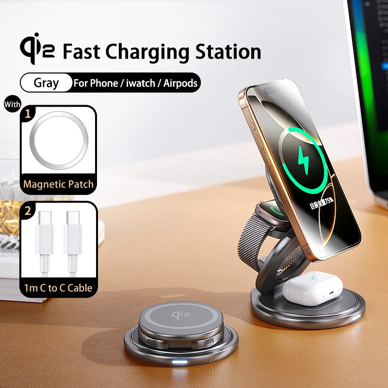 Chargeur Qi2 15W 360° Rotatif Pliable – iPhone 12-17 Pro Max Apple Watch AirPods