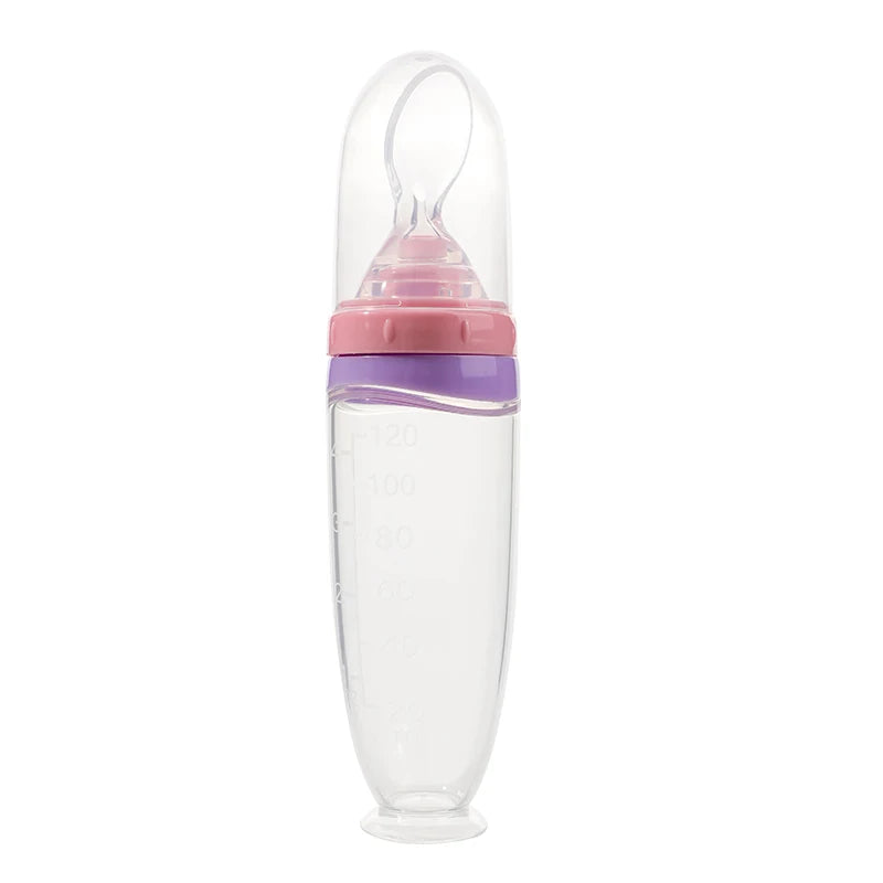 Biberon Pressable Silicone Bébé 120ml – Distributeur Purée Fruits Bouillie Cuillère Détachable