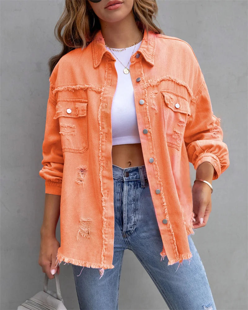 Veste en Jean Femme Bords Bruts Troués – Style Chemise Casual | Printemps Automne Tendance 2025