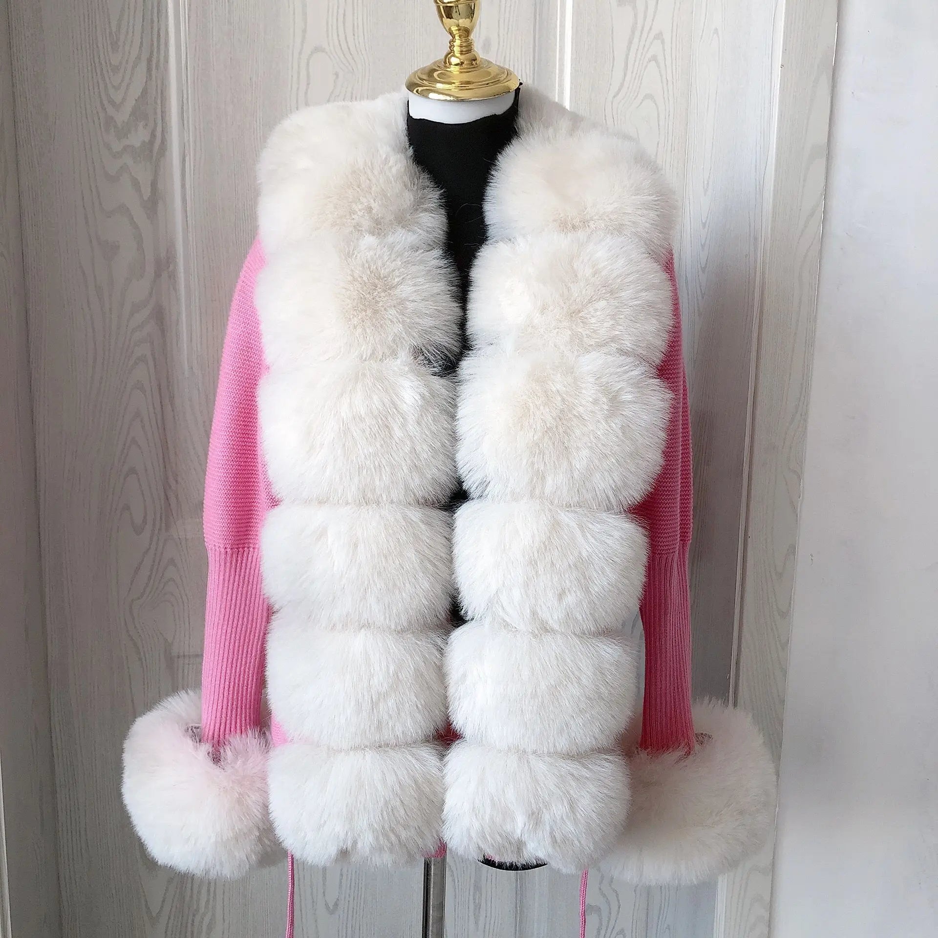 Damen Cardigan Strick Kragen Kunstpelz Fuchs Elegant – Chic & Luxuriöser Pullover Mantel | Frühling Herbst
