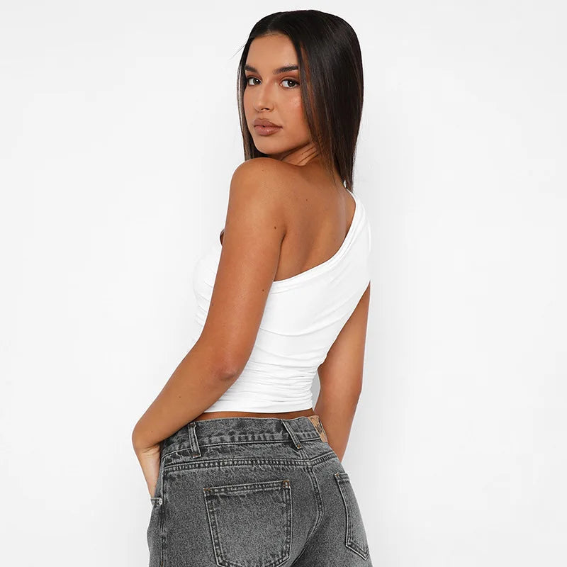 Top Une Épaule Dos Nu Femme – Couleur Bonbon Ajusté Sans Manches | Sexy Casual Été
