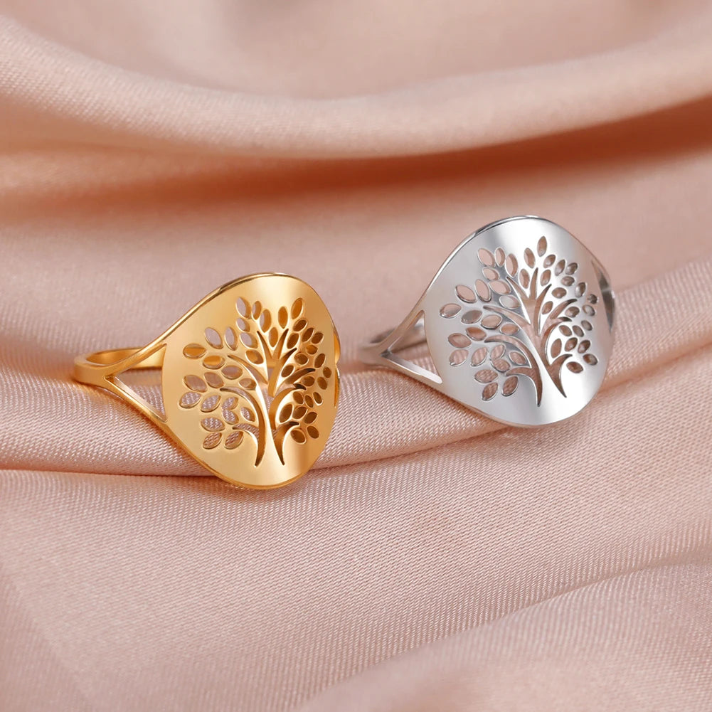 Bague Arbre de Vie Acier Inoxydable Argenté – Symbole Nature & Spiritualité | Bijou Unisexe Couple & Mariage | Cadeau Intemporel
