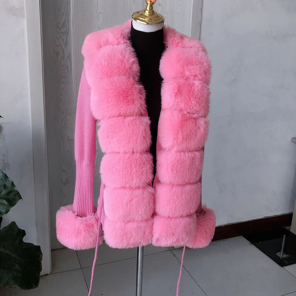 Damen Cardigan Strick Kragen Kunstpelz Fuchs Elegant – Chic & Luxuriöser Pullover Mantel | Frühling Herbst
