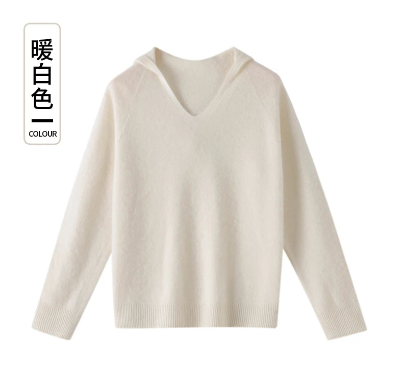 Pull Cachemire Femme 100% Laine Mérinos Col V À Capuche – Chaud Élégant Tendance | Automne Hiver