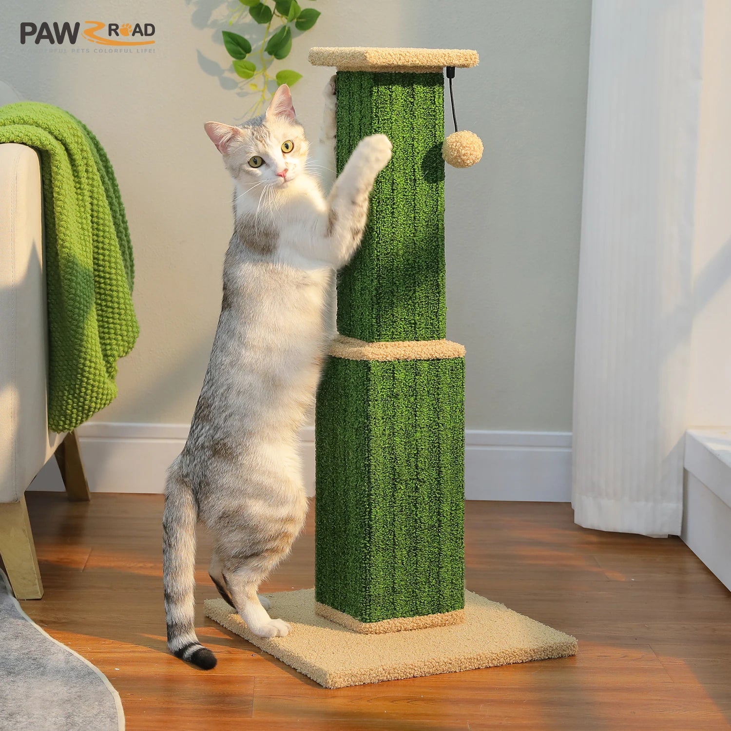 Grand Griffoir Chat Sisal Tressé – Balle Suspendue, Haute Colonne, Jouet & Grattoir pour Chats d'Intérieur Adultes