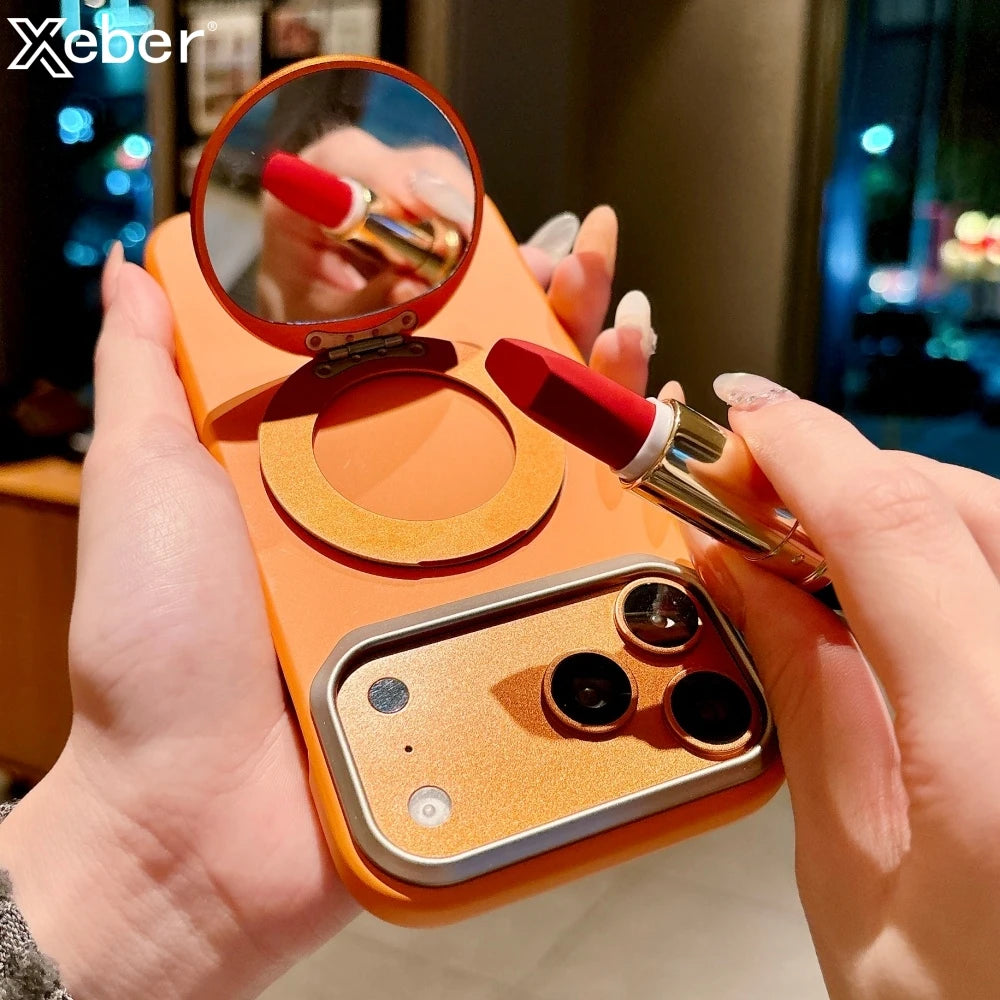 Coque Miroir Maquillage Flip Magnétique iPhone – Rotation 360° | Compatible iPhone 11-17 Pro Max | Support Téléphone