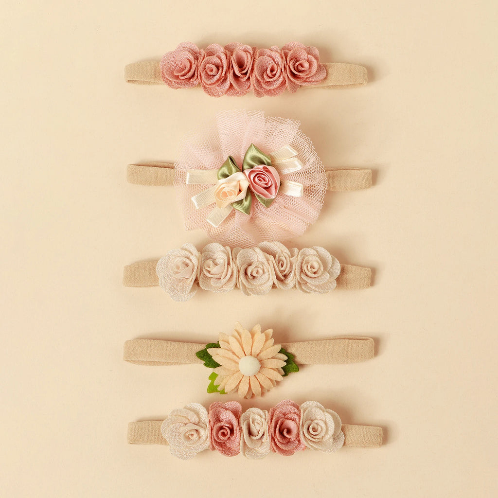 Lot 5 Bandeaux Fleurs Dentelle Rose Bébé Fille – Accessoires Cheveux Nouveau-Né Photo Mignons