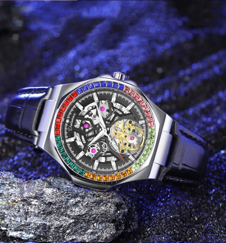 Montre Homme Tourbillon Automatique Mécanique – Lunette Gemmes Arc-en-Ciel Sport Business