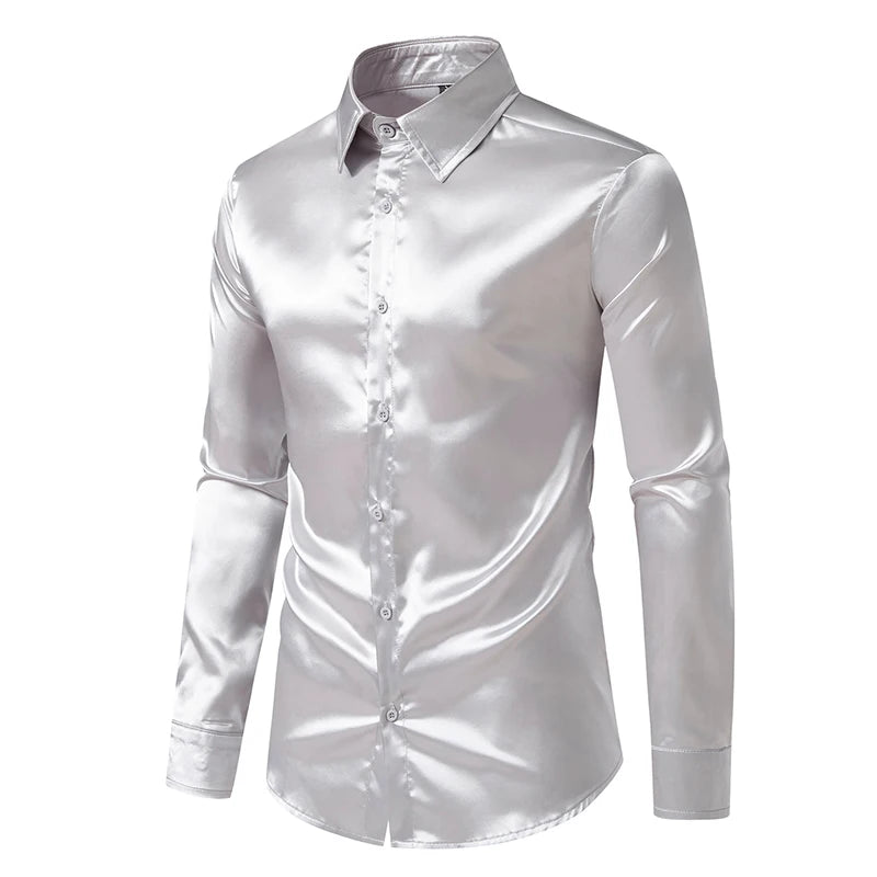 Chemise Homme Satin Noir Luxe Soie Lisse Tuxedo Mariage Soirée Prom Casual Business Bureau Élégante Couleur Unie Premium – Chemise Satin Luxe Cérémonie | Mode Homme Luxe Cérémonie Premium