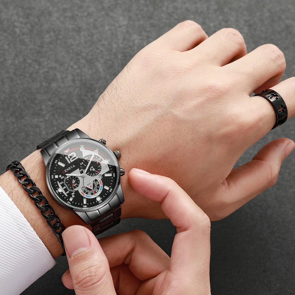 4PCS/Set Fashion Men Business Watches Casual Quartz Watch With Calendar Jewelry Set for Mens Clock Reloj Hombre（Without Box）
